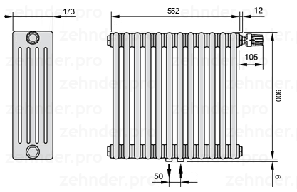 Схема (чертеж) Радиатор Zehnder Charleston 5090/12 №V008 Белый глянцевый RAL 9016